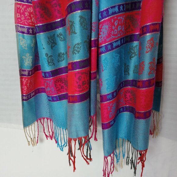 100% Pashmina Women Scarf Wrap Blue Pink Purple 70" x 27" Paisley - Picture 6 of 16